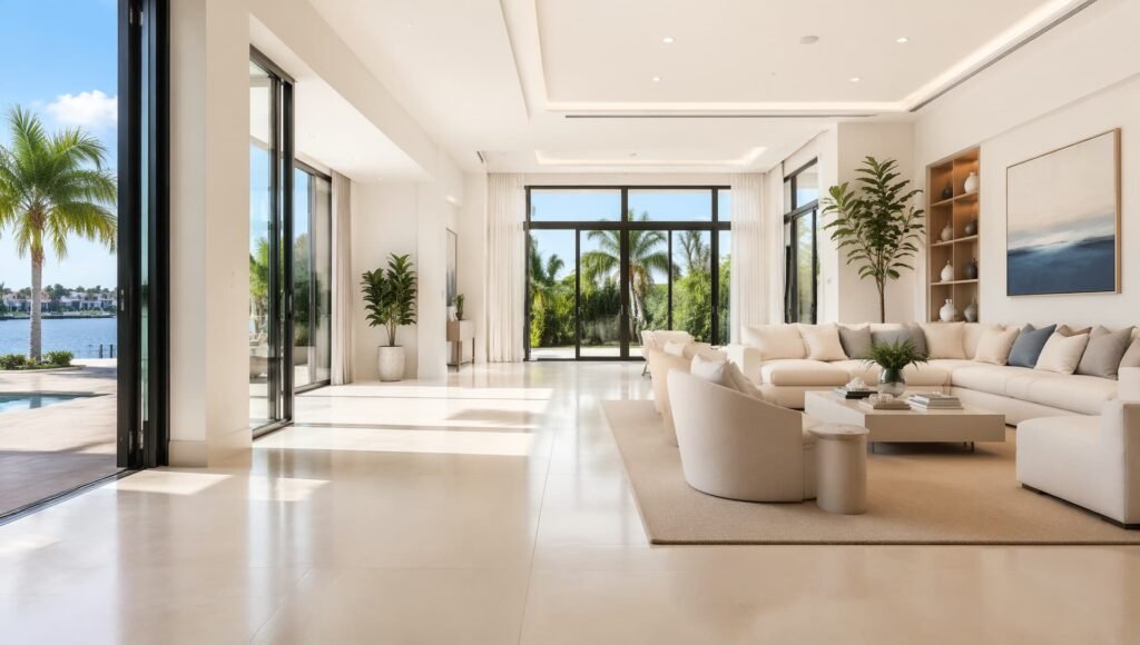 Bright luxury living room with sliding glass doors representing Majestic Cleaning's residential service areas