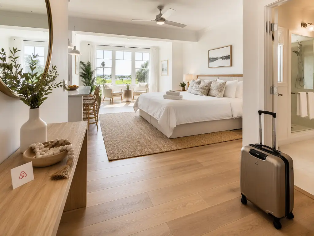 Guest-ready bedroom staged for an Airbnb turnover cleaning with luggage by the bed