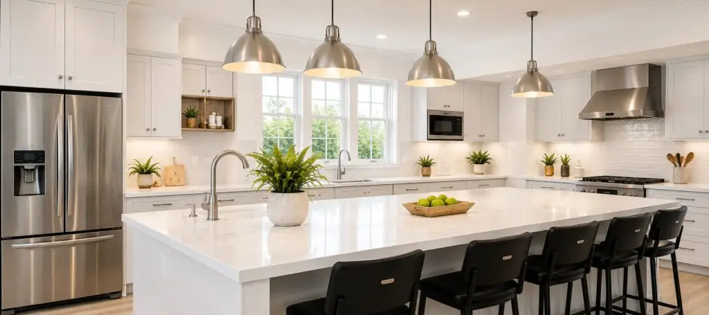 Bright modern kitchen with stainless steel appliances and a large island