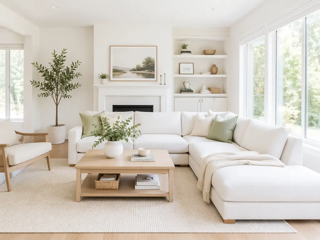 Spotless bright living room with white sofas showcasing a completed deep cleaning