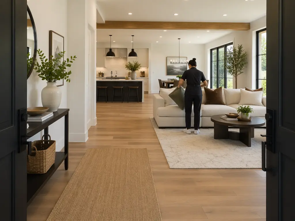 Majestic Cleaning team member tidying a bright open-concept living room during a housekeeping visit