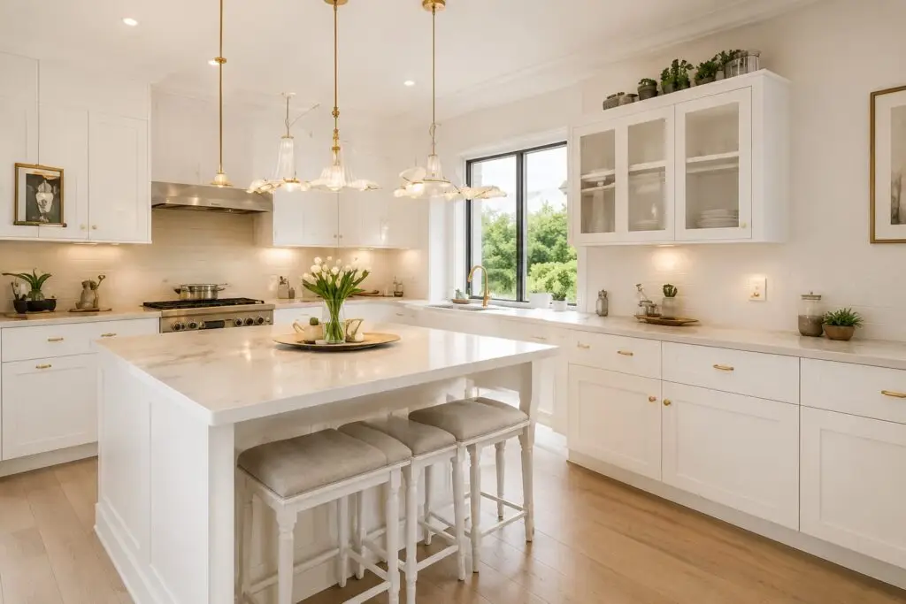 Sparkling clean white kitchen with marble island after a deep cleaning service