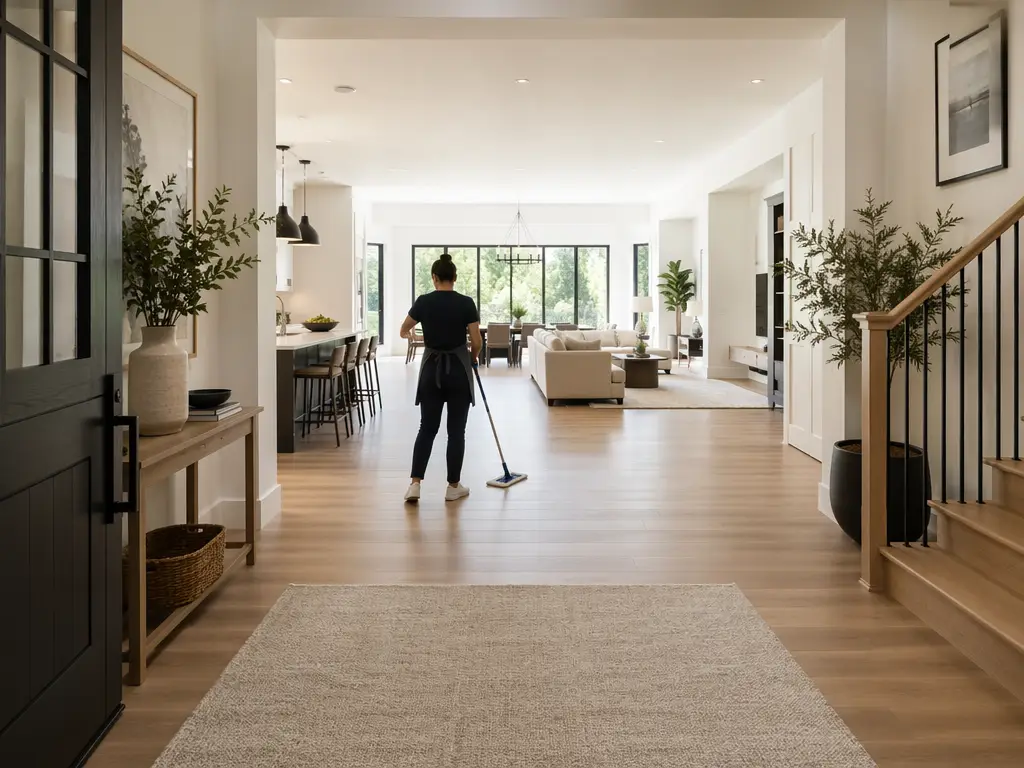 Cleaning technician mopping a bright hallway during a standard recurring house cleaning