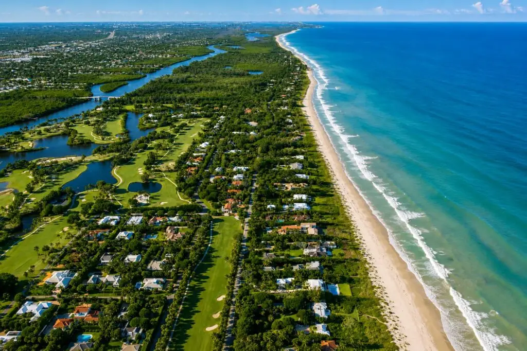 Aerial view of the coastline, golf course, and waterways on Jupiter Island, Florida