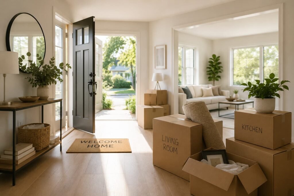 Entryway with moving boxes labeled Living Room and Kitchen for a move-in move-out cleaning