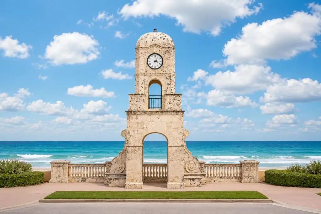 Historic Worth Avenue clock tower on the beach in Palm Beach, Florida