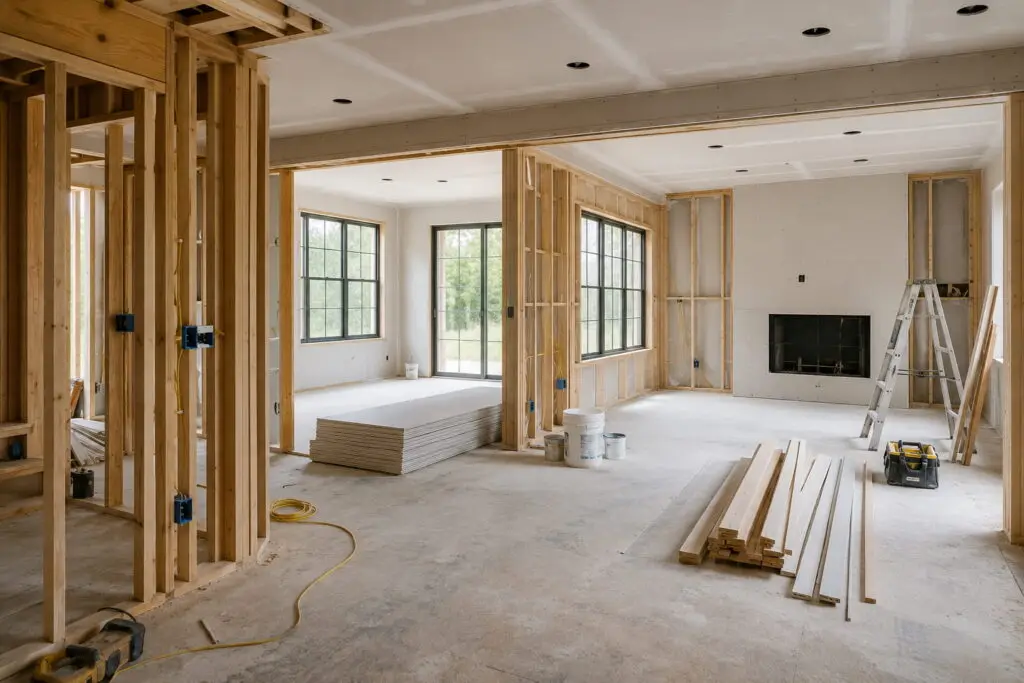 Post-construction cleanup of a newly built home showing exposed wood framing before final cleaning