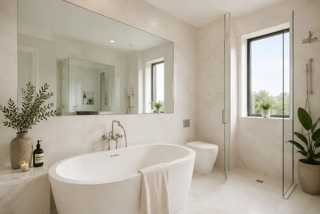 Spa-like marble bathroom with soaking tub and glass shower after standard cleaning