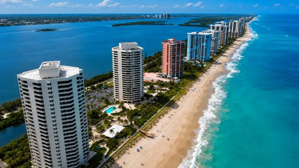 Aerial view of oceanfront high-rise condominiums on Singer Island, Florida